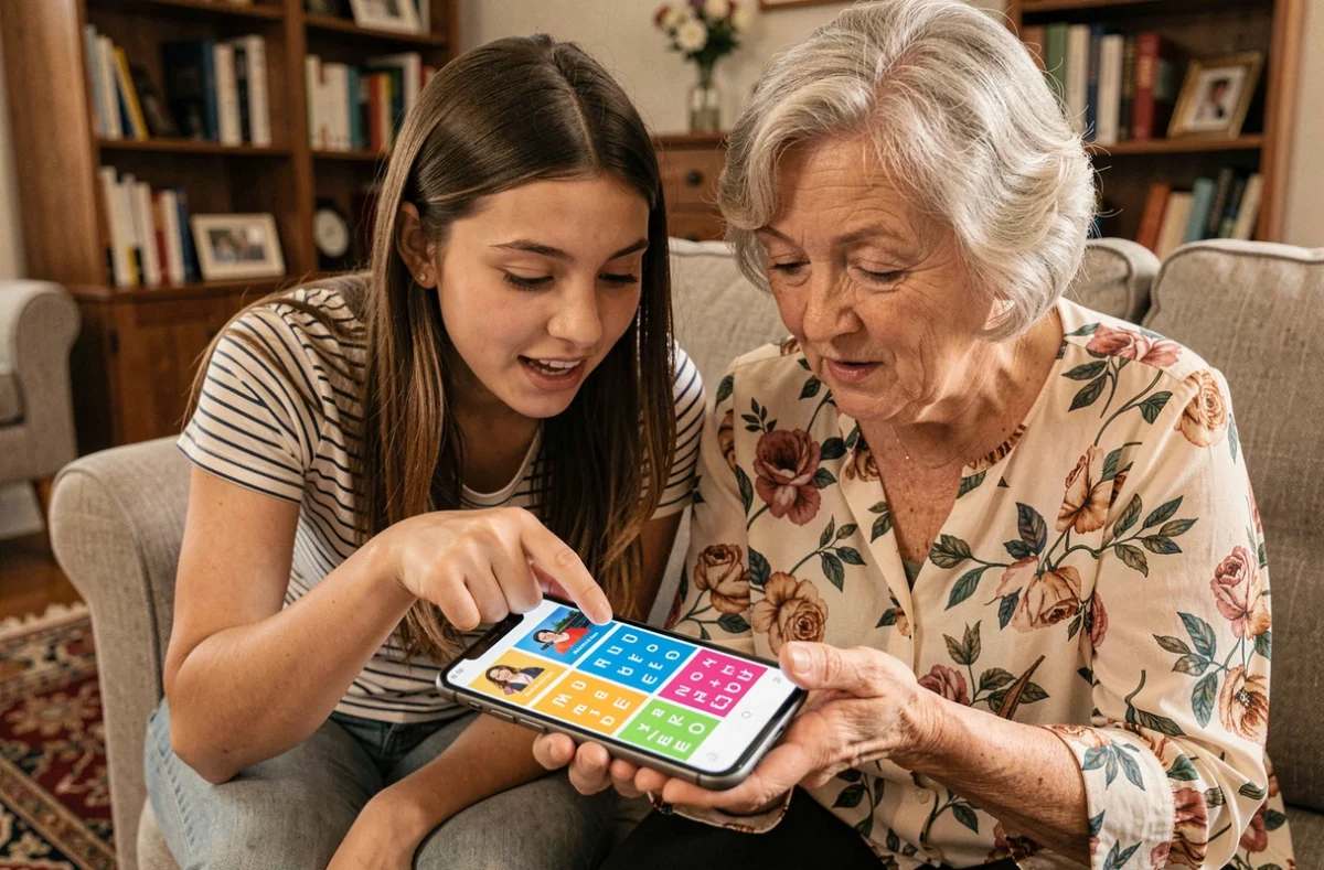 Jeune fille et grand-mère cherchant ensemble la solution de 9 lettres au jeu 4 images 1 mot