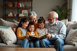 Famille multigenerations partageant un livre dans le salon