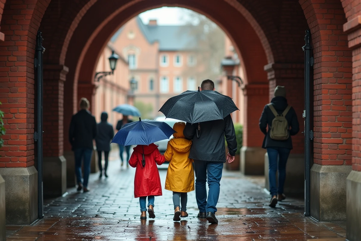 Famille avec parapluies entrant dans un musee de sciences a toulouse