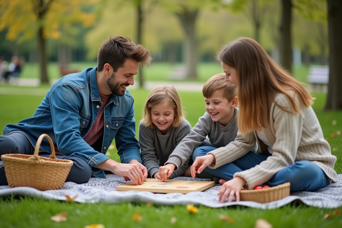 Famille jouant à un jeu en plein air dans un parc