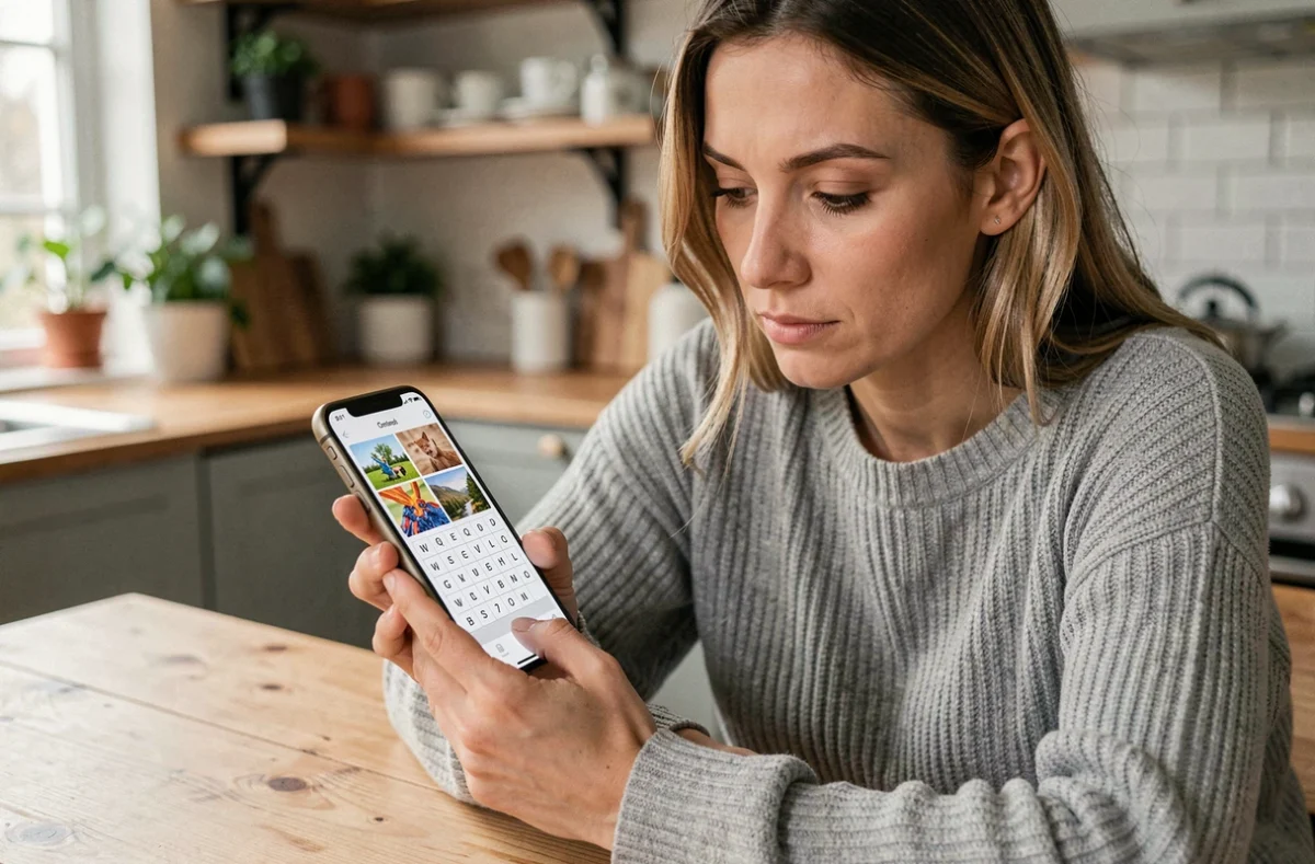 Femme jouant à 4 images 1 mot sur smartphone, cherchant un mot de 9 lettres à table