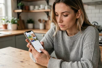 Femme jouant à 4 images 1 mot sur smartphone, cherchant un mot de 9 lettres à table