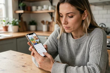 Femme jouant à 4 images 1 mot sur smartphone, cherchant un mot de 9 lettres à table