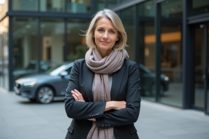 Femme d'affaires confiante devant un bureau moderne