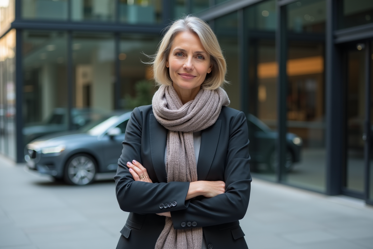 Femme d'affaires confiante devant un bureau moderne
