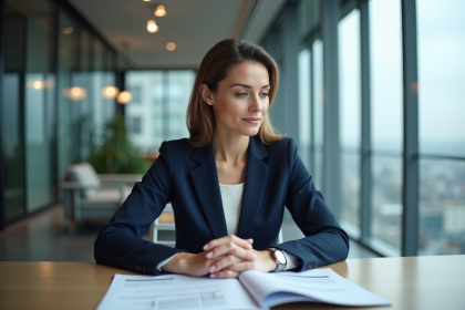 Femme d'affaires en costume regardant des rapports