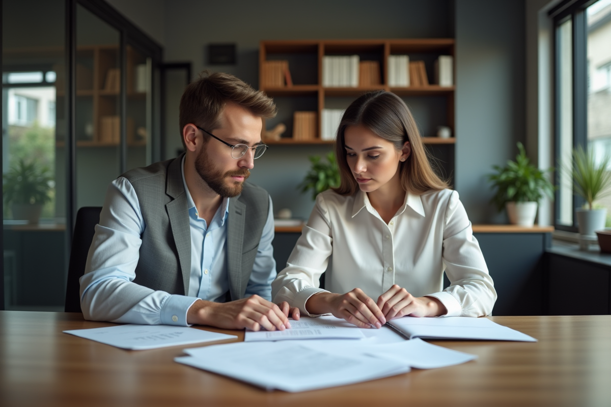 Femme d affaires examine documents dans bureau professionnel