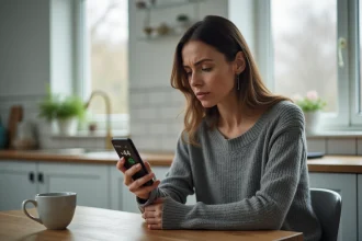 Femme hésitante regardant un appel entrant avec l'indicatif international +44 inconnu sur son smartphone dans une cuisine