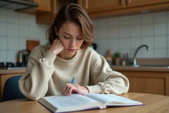 Jeune femme lisant un livre de grammaire française à la maison