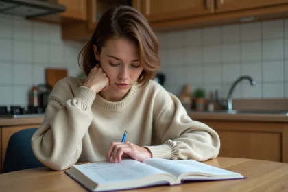 Jeune femme lisant un livre de grammaire française à la maison