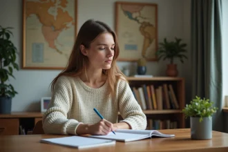 Jeune femme écrivant dans un journal dans un bureau cosy