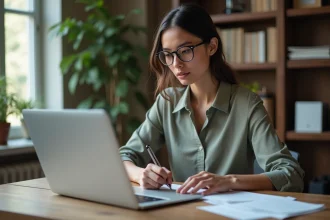 Femme en bureau moderne éditant un document avec concentration