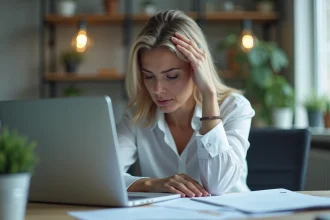 Femme d'âge moyen au bureau semblant fatiguée et stressée