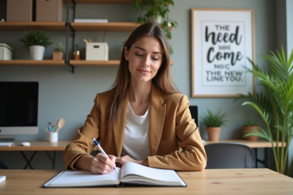 Femme organisée écrivant dans un planner dans son bureau