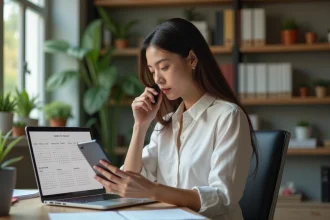 Jeune femme au bureau regardant son smartphone dans un bureau moderne
