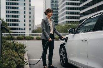 Femme en business chargeant une voiture électrique en ville