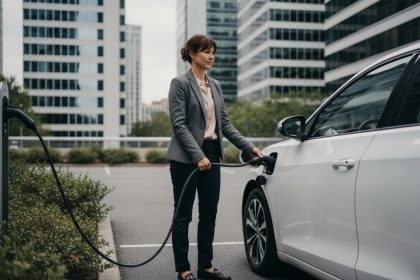 Femme en business chargeant une voiture électrique en ville