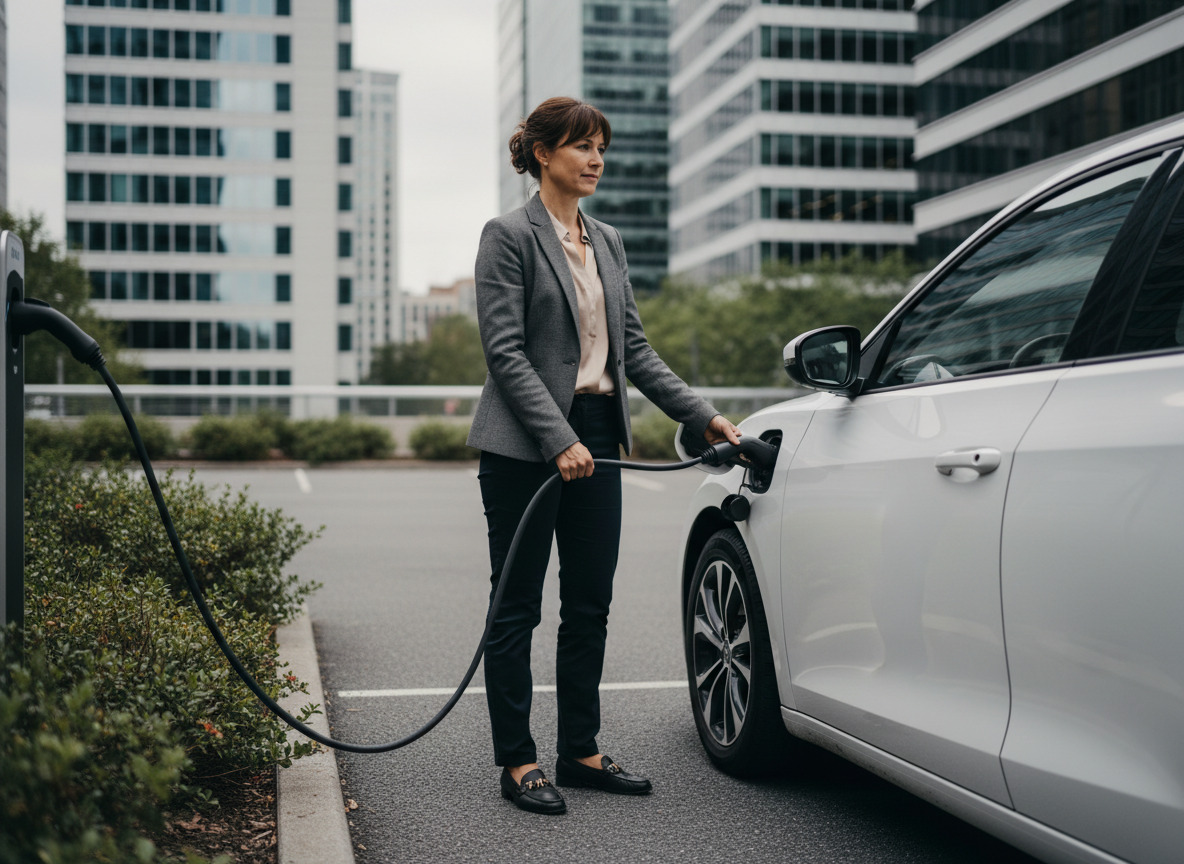 Femme en business chargeant une voiture électrique en ville
