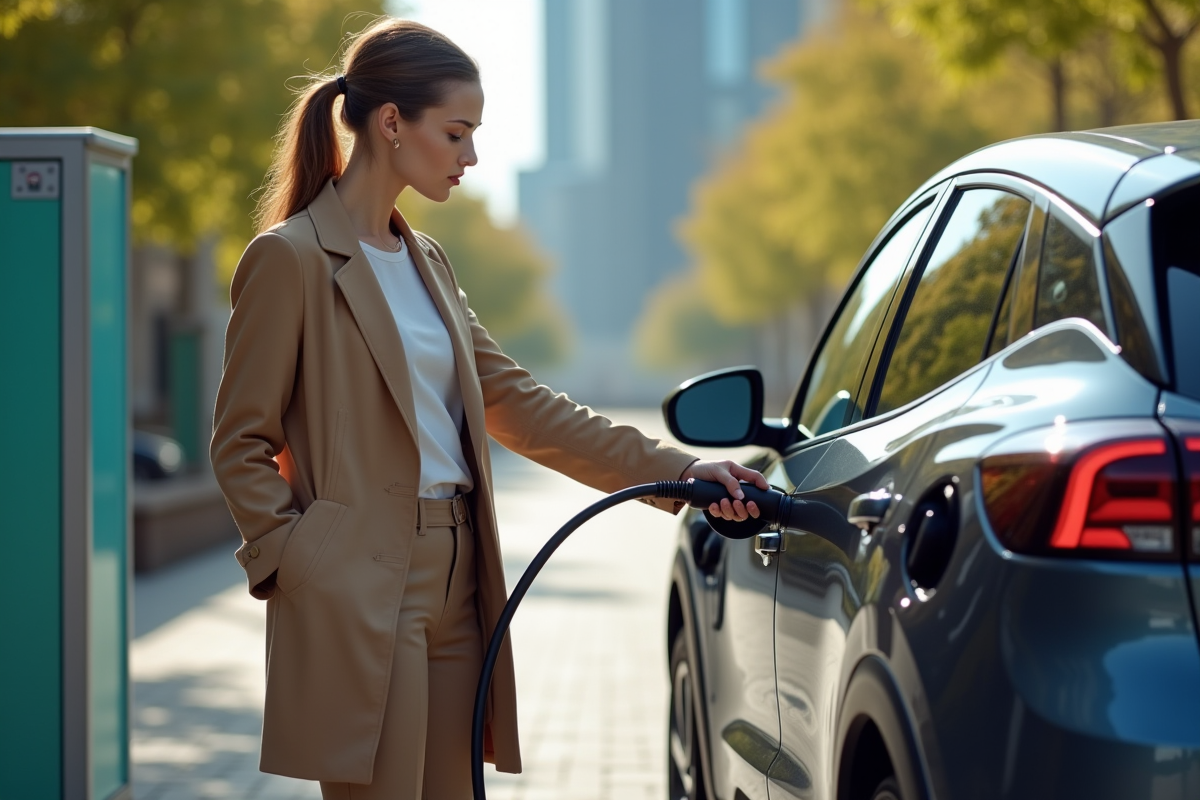 Jeune femme chargeant une voiture hybride électrique en ville