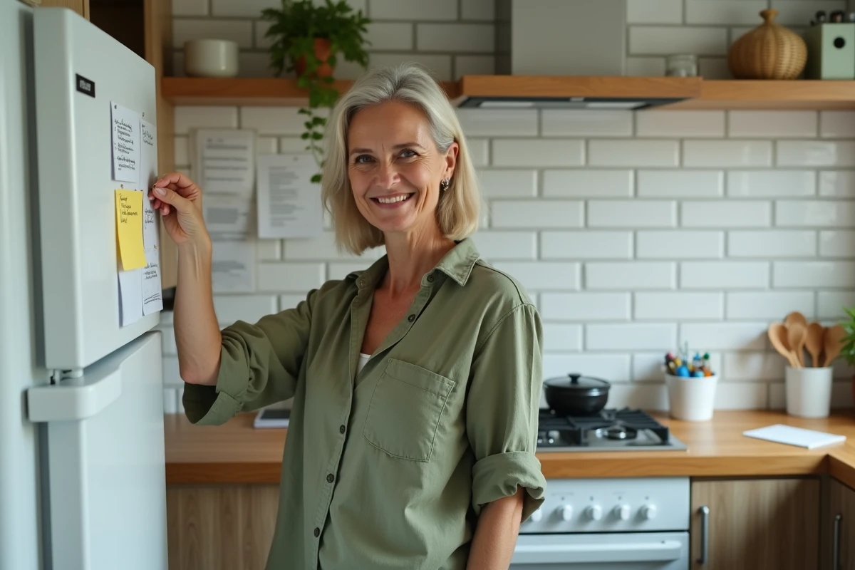 Femme dans sa cuisine regardant une note autocollante avec un aide-mémoire grammatical sur le réfrigérateur