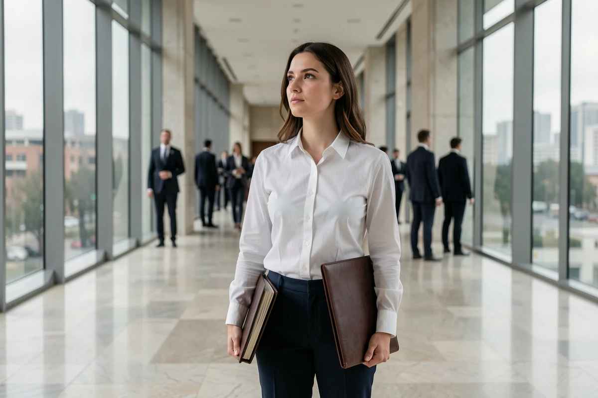 Femme diplomate marchant dans un couloir institutionnel après un discours à l'ONU