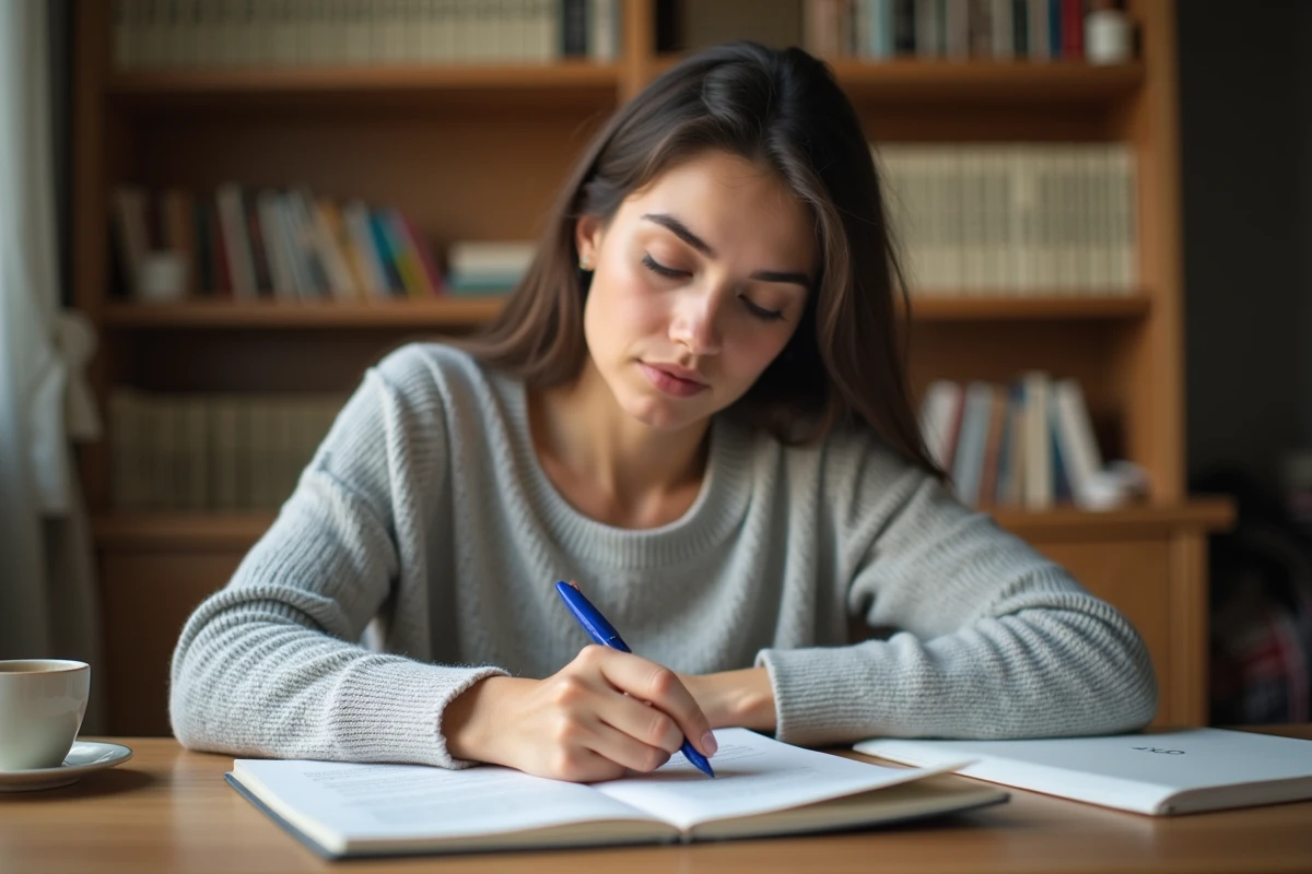 Femme adulte écrivant soigneusement dans un cahier pour retenir la bonne orthographe d'une expression française