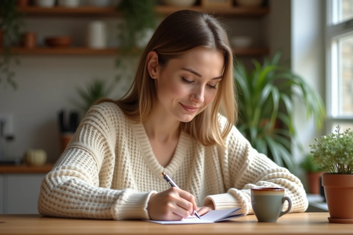 Femme écrivant un petit mot d'amour à la main sur une carte pour soutenir son compagnon dans une période difficile