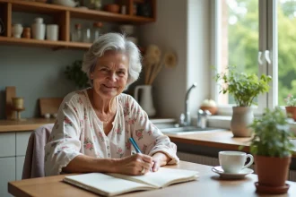 Femme écrivant une carte de vœux dans une cuisine chaleureuse