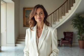 Femme élégante en costume blanc dans un intérieur luxueux