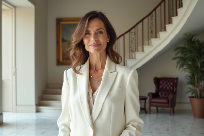 Femme élégante en costume blanc dans un intérieur luxueux
