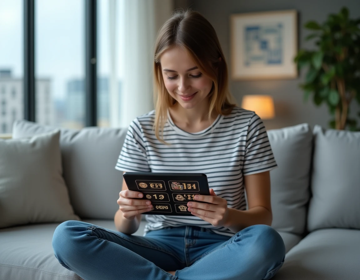 Jeune femme analysant les événements du jeu Monopoly GO sur une tablette dans un salon moderne