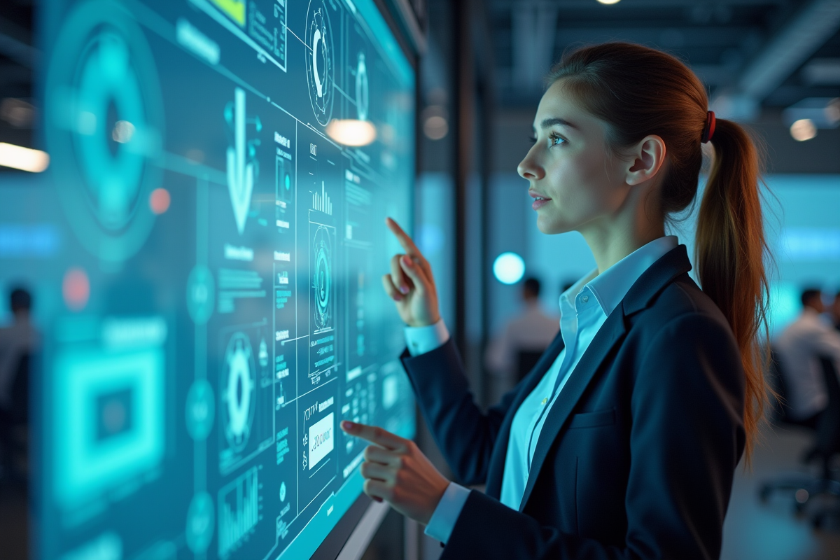 Femme en business casual explique des diagrammes numériques