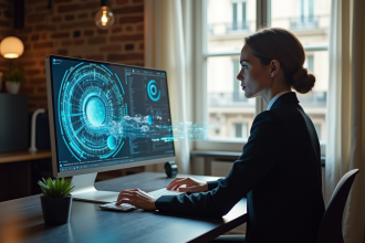 Femme française travaillant avec interfaces holographiques modernes