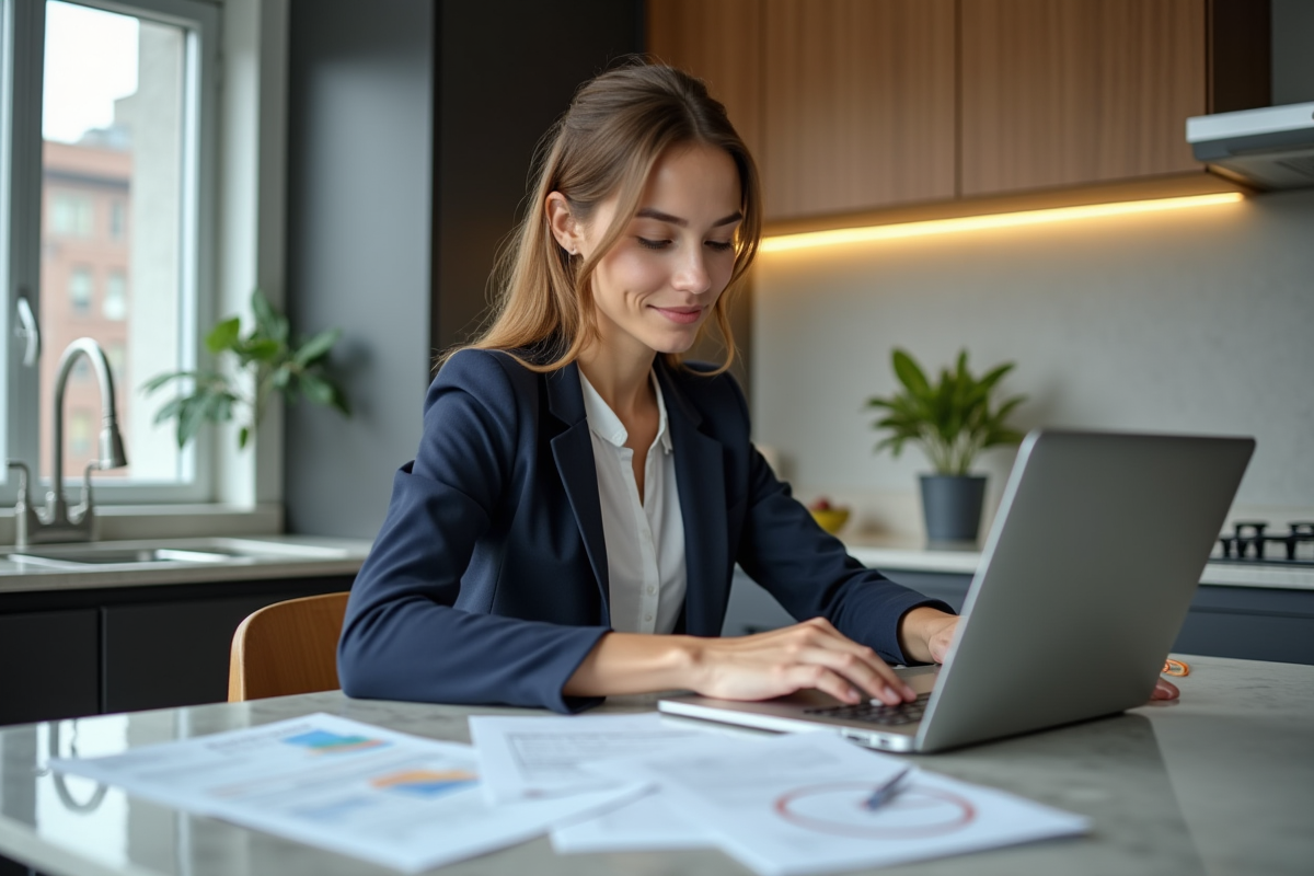 Jeune femme à la maison saisissant des données fiscales