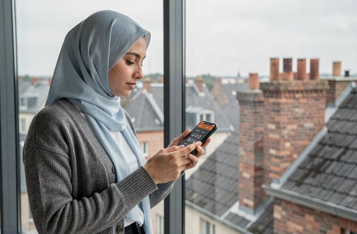Femme musulmane consultant les heures de prière sur smartphone avec vue sur les toits de Douai