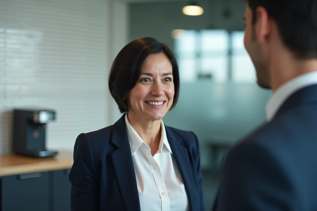 Femme introvertie en tenue professionnelle partageant timidement une blague avec un collègue dans une salle de pause de bureau