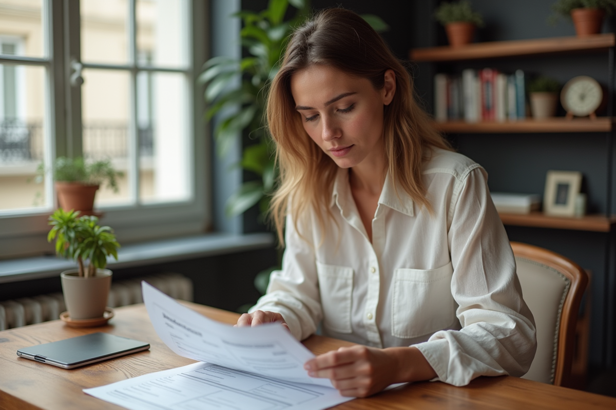 Femme française lit des documents immobiliers dans un appartement