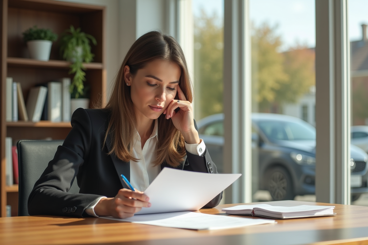 Femme d'affaires lisant des documents de prêt immobilier