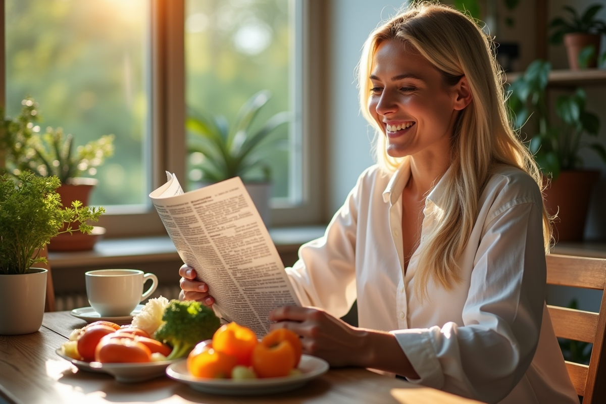 Femme souriante lisant un magazine au petit déjeuner avec légumes fermentés