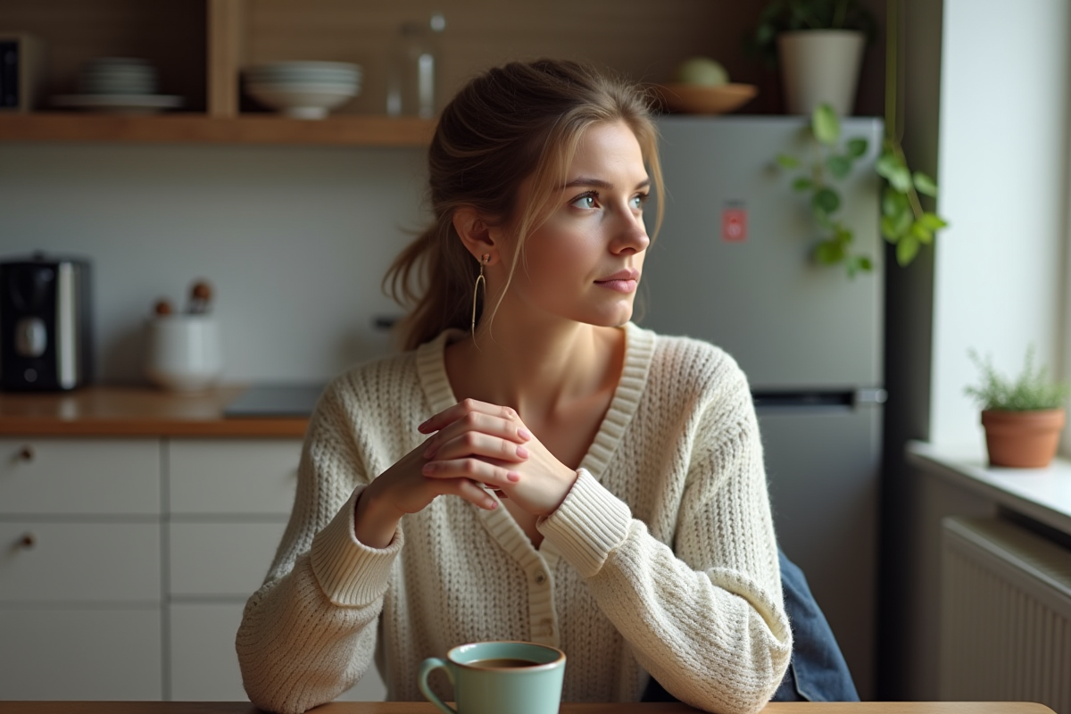 Jeune femme assise à la cuisine avec tasse en main