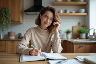Femme écrivant un planning dans une cuisine organisée