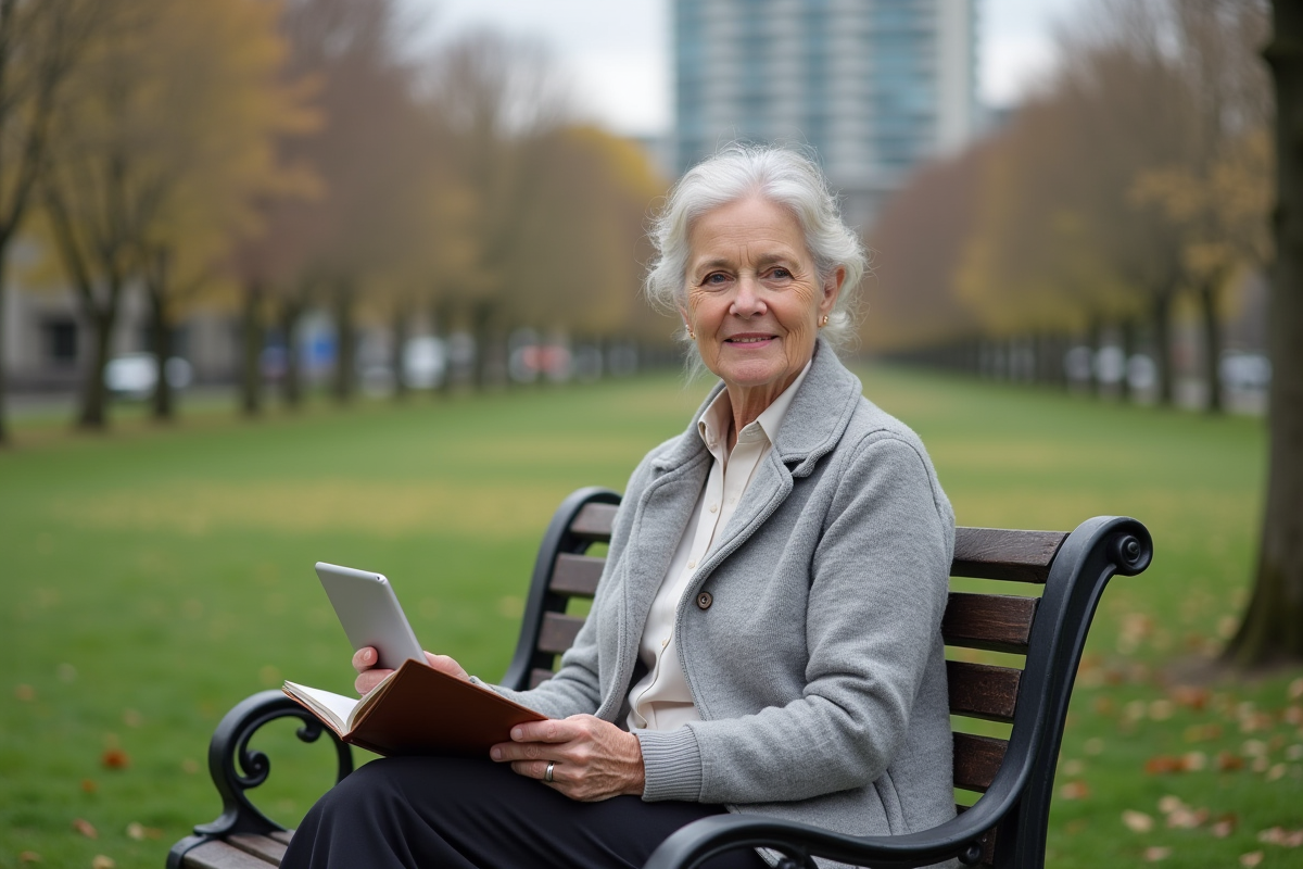 Femme âgée sur un banc de parc avec tablette et carnet