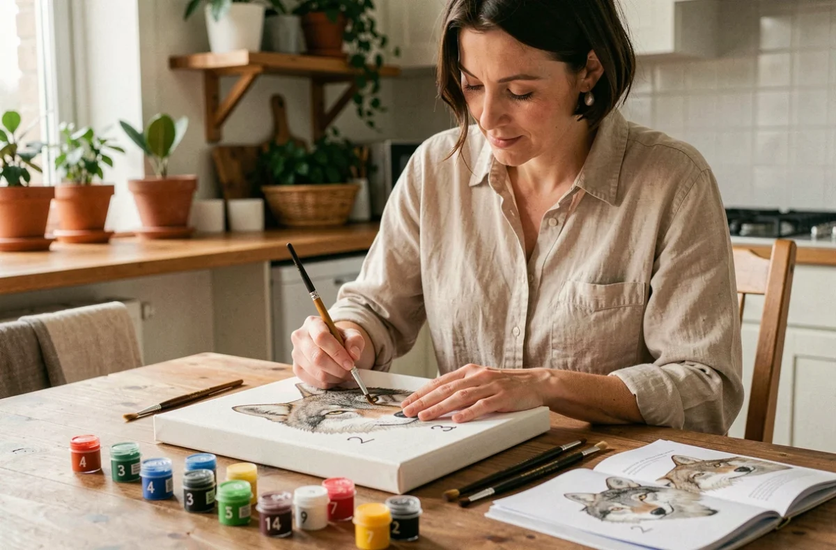 Femme peignant un tableau réaliste de loup avec un kit paint by numbers animalier sur une table en bois