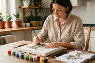 Femme peignant un tableau réaliste de loup avec un kit paint by numbers animalier sur une table en bois