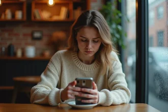 Femme pensive regardant son téléphone dans un café la nuit, symbolisant l'attente et les signaux de la flamme jumelle à 03h03