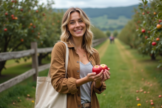 Femme cueillant des pommes bio dans un verger verdoyant