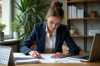 Femme française en blazer préparant une lettre dans son bureau