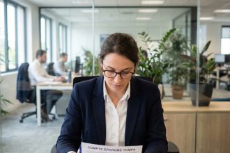 Femme professionnelle en blazer bleu examine un document sur son bureau