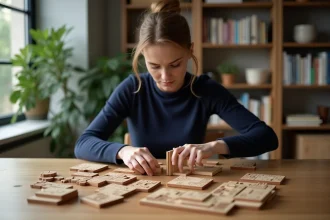 Femme assemble un puzzle architectural en bois dans un salon moderne