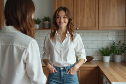 Femme dans sa cuisine regardant son reflet